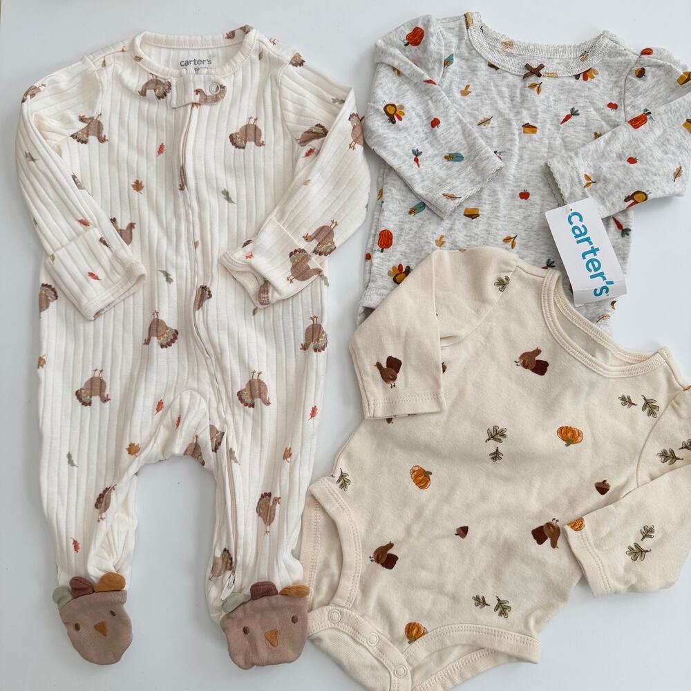 3x Carter’s thanksgiving long sleeve onesie zip footie pj pie pumpkin turkey